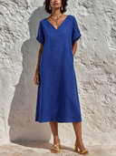 Women's Casual Solid-Color Cotton-Linen V-Neck Short-Sleeve Midi Dress ZMZ0403F2XT