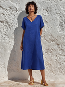 Women's Casual Solid-Color Cotton-Linen V-Neck Short-Sleeve Midi Dress ZMZ0403F2XT