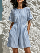 Women's Casual Striped Print Crew Neck Short-Sleeved Jumpsuit ZMZ0422F3XT