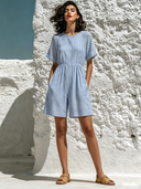 Women's Casual Striped Print Crew Neck Short-Sleeved Jumpsuit ZMZ0422F3XT