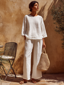 Women's Solid-Color Casual Cotton-Linen Loose Trouser Two-Piece Set ZMZ0471F4XT