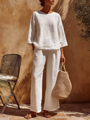 Women's Solid-Color Casual Cotton-Linen Loose Trouser Two-Piece Set ZMZ0471F4XT