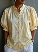Women's Cotton Bubble Short-sleeved Stand Collar Solid Color Shirt ZMZ0437F5XT