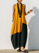 Women's Ethnic Resort Style Crinkle Linen-Blend Color Block Sleeveless Pocket Midi Dress ZMZ0562F6YZH