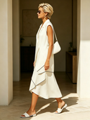 Women's Modern-Style Ivory White Asymmetrical Layered Waterfall-Hem Midi Dress ZMZ0455F7SWL