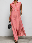 Women's Minimalist Premium Vertical-Stripe Tencel-Linen Sleeveless Shirt-Collar Loose Maxi Dress ZMZ0546F4ZYY