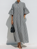 Women's Premium Vintage Black & White Checkered Loose Mandarin Collar And Flared Sleeves Maxi Dress ZMZ0532F1ZYY