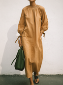 Women's Premium Minimalist Cotton Crew-Neck With Three-Quarter Sleeves And Loose Fit Midi Dress ZMZ0547F8ZYY