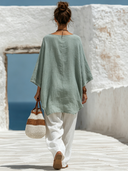 Women's Cotton Linen Round Neck Long-sleeved Asymmetrical Long-sleeved Shirt ZMZ0437F7XT