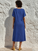 Women's Casual Solid-Color Cotton-Linen V-Neck Short-Sleeve Midi Dress ZMZ0403F2XT