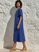 Women's Casual Solid-Color Cotton-Linen V-Neck Short-Sleeve Midi Dress ZMZ0403F2XT