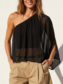 Women's Elegant Resort Style Chiffon One Shoulder Flare Sleeve Semi Sheer Crop Blouse ZMZ0544F5YZH
