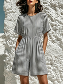 Women's Casual Striped Print Crew Neck Short-Sleeved Jumpsuit ZMZ0422F3XT