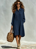 Women's Solid-Color Collared Pleated Long-Sleeve Cotton Midi Dress ZMZ0450F7XT