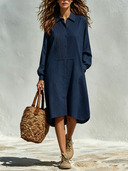 Women's Solid-Color Collared Pleated Long-Sleeve Cotton Midi Dress ZMZ0450F7XT