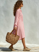 Women's Solid-Color Collared Pleated Long-Sleeve Cotton Midi Dress ZMZ0450F7XT