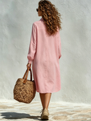 Women's Solid-Color Collared Pleated Long-Sleeve Cotton Midi Dress ZMZ0450F7XT