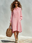 Women's Solid-Color Collared Pleated Long-Sleeve Cotton Midi Dress ZMZ0450F7XT