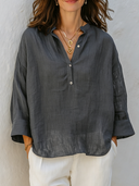 Women's Cotton Linen Stand Collar Button Long Sleeve Solid Color Shirt ZMZ0432F5XT