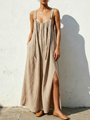 Women's Natural Minimal Style Linen-Blend Adjustable Strap Gathered Side Slit Maxi Dress ZMZ0546F5YZH