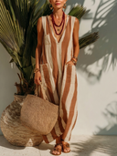 Women's Coastal Style Linen-Blend Vertical Stripe Sleeveless V-Neck Pocket Maxi Dress ZMZ0584F1YZH