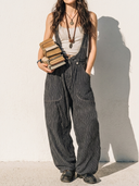 Women's Vintage Retro Style Linen-Blend Vertical Stripe Loose Wide Leg Overall Jumpsuit ZMZ0571F9YZH