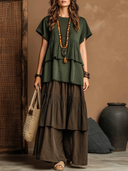Women's Boho Retro Style Tiered Ruffle Short Sleeve Top & Layered Wide Leg Pants Set ZMZ0502F7YZH