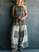 Women's Wabi-Sabi Style Rayon Print Sleeveless Tunic Top & Patchwork Wide Leg Pants Set ZMZ0597F4YZH