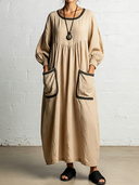 Women's Casual Vintage Cotton-Linen Patchwork With Round Neck, Pockets, Webbing Detail, And Three-Quarter Sleeves Maxi Dress ZMZ0556F0ZYY