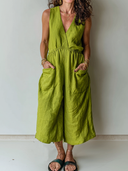 Women's Casual Vintage Cotton-Linen V-Neck Sleeveless Multi-Pocket Jumpsuit ZMZ0540F5ZYY