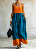 Women's Casual Vacation-Style Color-Block Paneling And Spaghetti Straps Sleeveless V-Neck Cotton-Linen Maxi Dress ZMZ0584F9ZYY