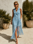 Women's Resort Chic Sky Blue Linen Blend Double-Breasted Sleeveless Blazer Maxi Dress With Paneled Tulle Hem ZMZ0578F6SWL