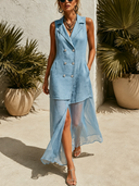 Women's Resort Chic Sky Blue Linen Blend Double-Breasted Sleeveless Blazer Maxi Dress With Paneled Tulle Hem ZMZ0578F6SWL