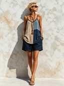 Women's Boho Colorblock Cotton Linen Camisole Top And Navy Loose Shorts Set – Casual Summer Vacation Two Piece Outfit ZMZ0530F3SWL