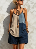 Women's Boho Colorblock Cotton Linen Camisole Top And Navy Loose Shorts Set – Casual Summer Vacation Two Piece Outfit ZMZ0530F3SWL