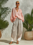 Women's Bohemian Crinkled V Neck Top & Colorblock Wide-Leg Palazzo Pants Set ZMZ0592F4SWL