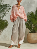 Women's Bohemian Crinkled V Neck Top & Colorblock Wide-Leg Palazzo Pants Set ZMZ0592F4SWL