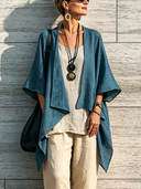 Women's Loose Casual Vintage Blue Linen Open-Front Shirt ZMZ0502F5SWL