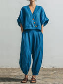 Women's Casual Minimalist Cotton-Linen V-Neck Button-Front Short-Sleeve Top And Lantern Pants Set ZMZ0553F9ZYY