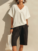 Women's Casual Minimalist Waffle-Knit V-Neck Short-Sleeve T-Shirt And Cotton-Linen Bermuda Shorts Set ZMZ0544F7ZYY
