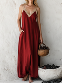 Women's Casual Resort-Style V-Neck, Spaghetti Straps, And Cotton-Linen Panel Design Loose Maxi Dress ZMZ0586F2ZYY