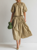 Women's Casual Minimalist Cotton Crew-Neck Lantern-Sleeve Top And Skirt Set ZMZ0532F4ZYY