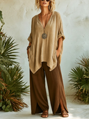 Women's Bohemian Crinkled Cotton-Linen Oversized Top & Wide-Leg Palazzo Pants Set ZMZ0590F0SWL