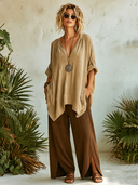 Women's Bohemian Crinkled Cotton-Linen Oversized Top & Wide-Leg Palazzo Pants Set ZMZ0590F0SWL