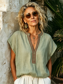 Women's Ethnic Style Ribbon Light Matcha Green Cotton-Linen V-Neck Short-Sleeve Top ZMZ0581F2SWL