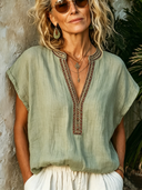 Women's Ethnic Style Ribbon Light Matcha Green Cotton-Linen V-Neck Short-Sleeve Top ZMZ0581F2SWL