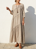 Women's Natural Casual Style Linen Diagonal Stitch Tiered Three-Quarter Sleeve Maxi Dress ZMZ0514F5YZH