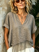 Women's Vintage Grey Washed Cotton V-Neck Short-Sleeve Top With Sheer Hem ZMZ0571F9SWL