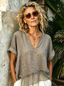 Women's Vintage Grey Washed Cotton V-Neck Short-Sleeve Top With Sheer Hem ZMZ0571F9SWL