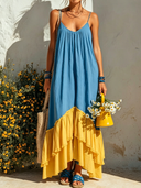 Women's Casual Resort-Style V-Neck, Spaghetti Straps, And Cotton-Linen Panel Design  Loose Maxi Dress ZMZ0566F6ZYY